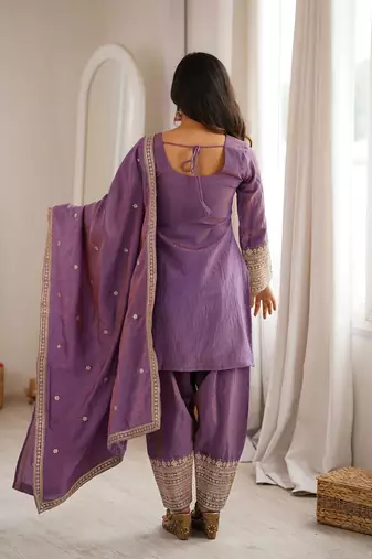 Mauve purple afghani salwar suit set with elegant zari border