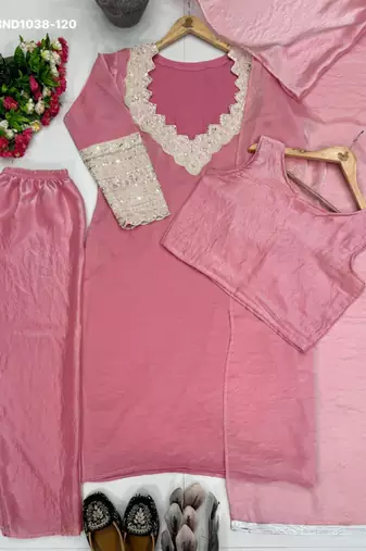 pink silk blend embroidered kurta set
