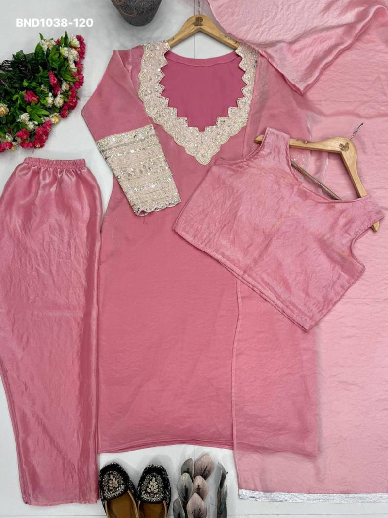 Pink silk blend embroidered kurta-sets