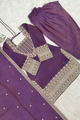 Mauve purple afghani salwar suit set with elegant zari border