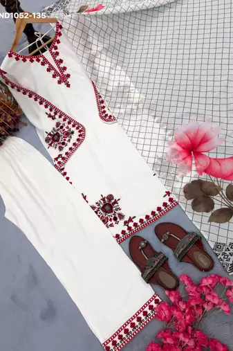 white embroidered rayon kurta set