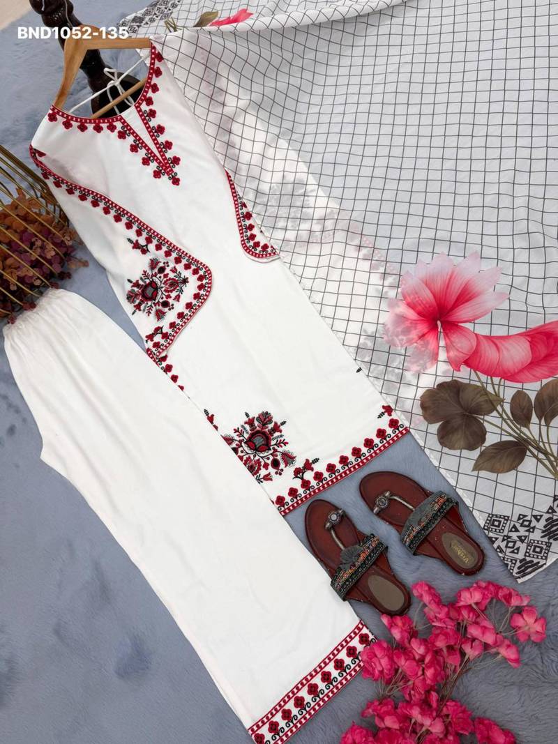 White rayon embroidered kurta-sets