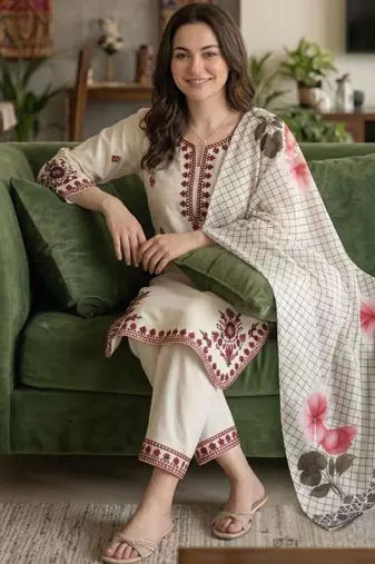 white embroidered rayon kurta set