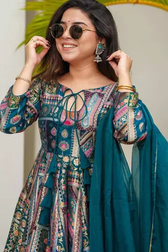 multicolor printed organza womens kurta set