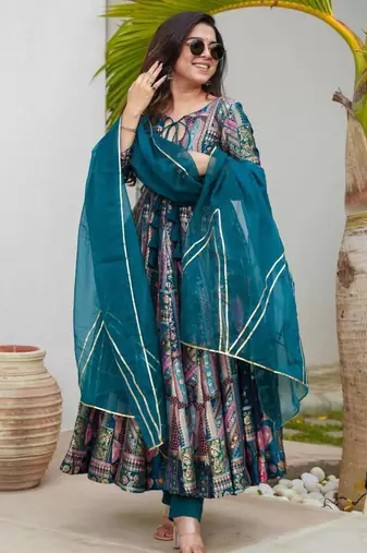 multicolor printed organza womens kurta set