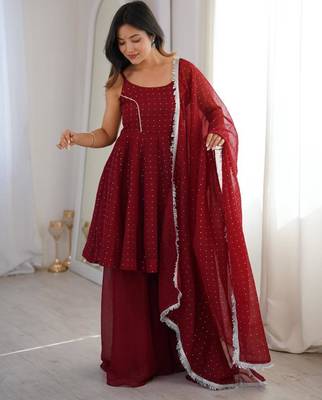 maroon embroidered silk blend kurta set 1