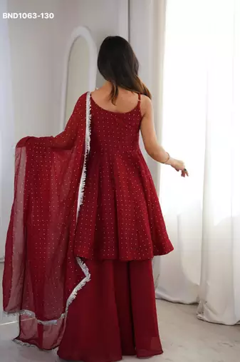 maroon embroidered silk blend kurta set