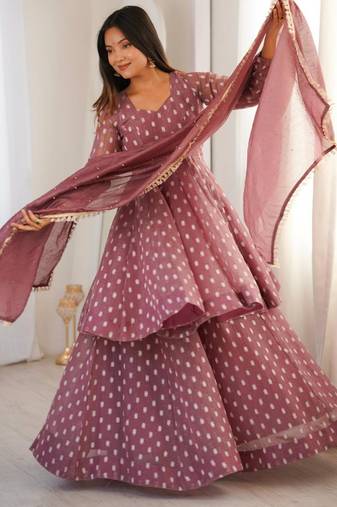 Mauve silk blend woven kurta-sets