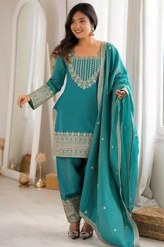 Designer rama green embroidered kurta afghani pant set for festivals