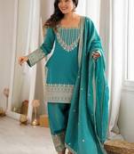 Designer rama green embroidered kurta afghani pant set for festivals