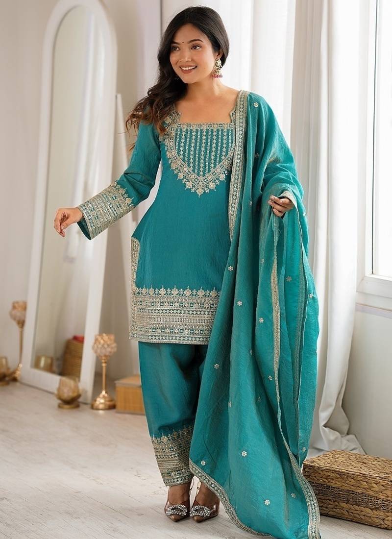 Designer rama green embroidered kurta afghani pant set for festivals