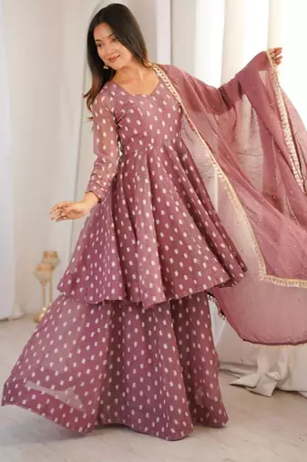 mauve woven silk blend kurta set