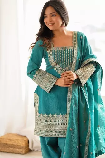 Designer rama green embroidered kurta afghani pant set for festivals