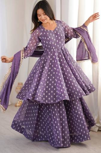 Purple silk blend woven kurta-sets