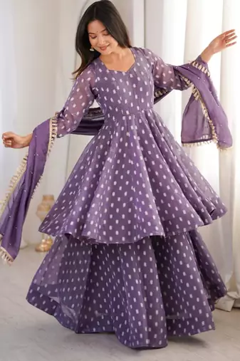Purple silk blend woven kurta-sets
