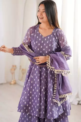 purple woven silk blend kurta set