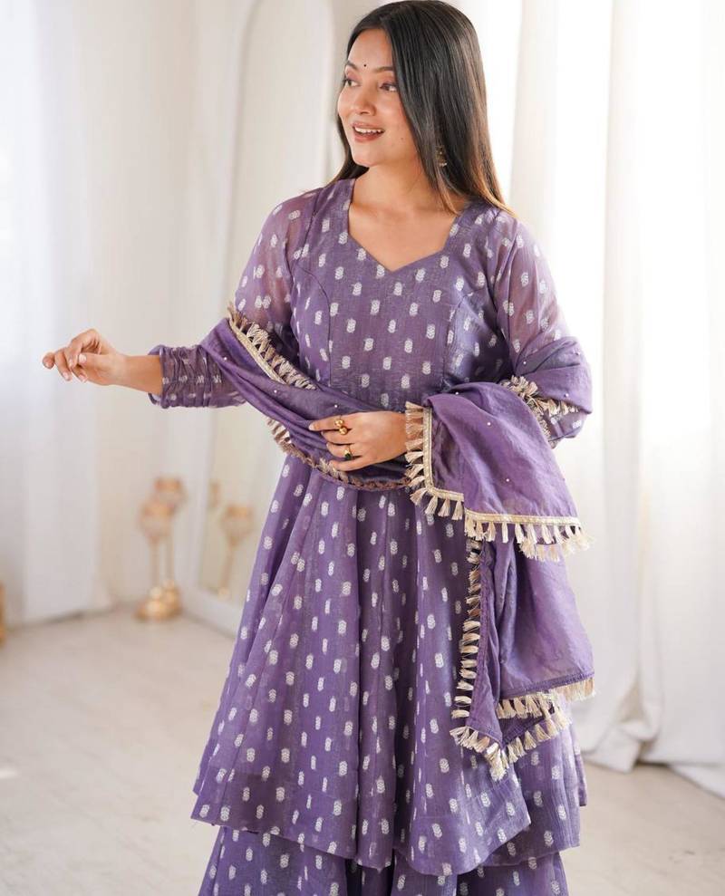 Purple silk blend woven kurta-sets