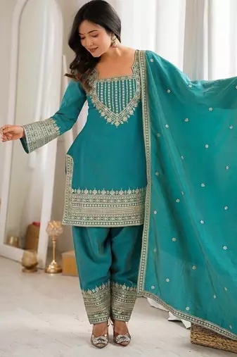Designer rama green embroidered kurta afghani pant set for festivals