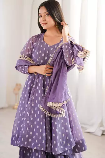 purple woven silk blend kurta set