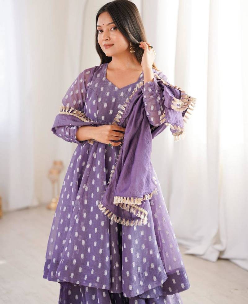 Purple silk blend woven kurta-sets