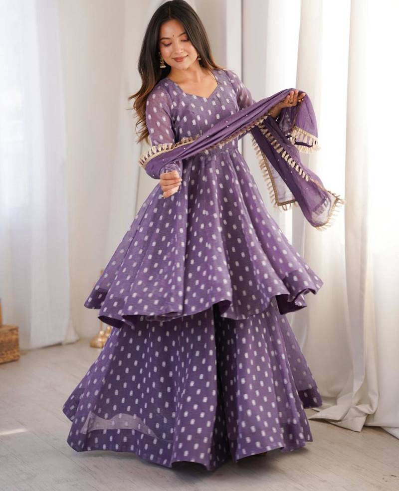 Purple silk blend woven kurta-sets