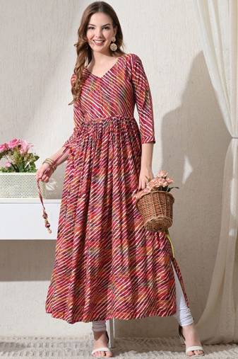Pink striped printed rayon a-line pleated kurta