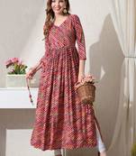 Pink striped printed rayon a-line pleated kurta