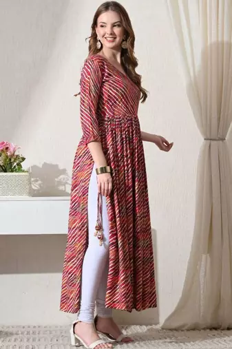 Pink striped printed rayon a-line pleated kurta