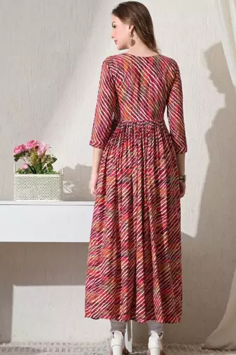 Pink striped printed rayon a-line pleated kurta