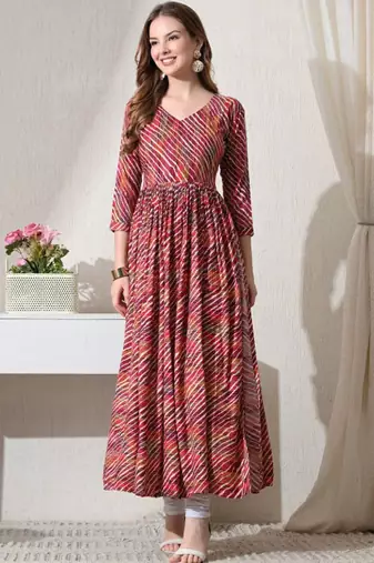 Pink striped printed rayon a-line pleated kurta