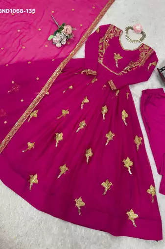 pink embroidered georgette kurta set