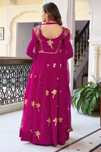 pink embroidered georgette kurta set