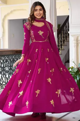 pink embroidered georgette kurta set