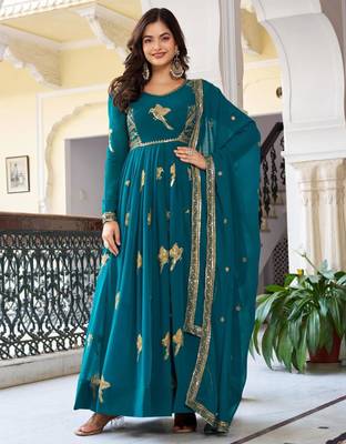 teal blue embroidered georgette kurta set 1