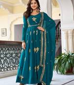 Teal-blue georgette embroidered kurta-sets