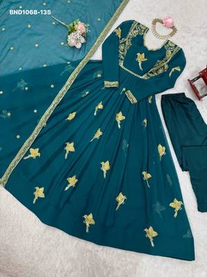 teal blue embroidered georgette kurta set 4