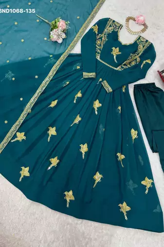 teal blue embroidered georgette kurta set