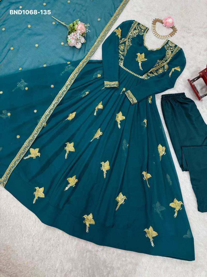 Teal-blue georgette embroidered kurta-sets