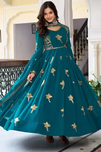 teal blue embroidered georgette kurta set