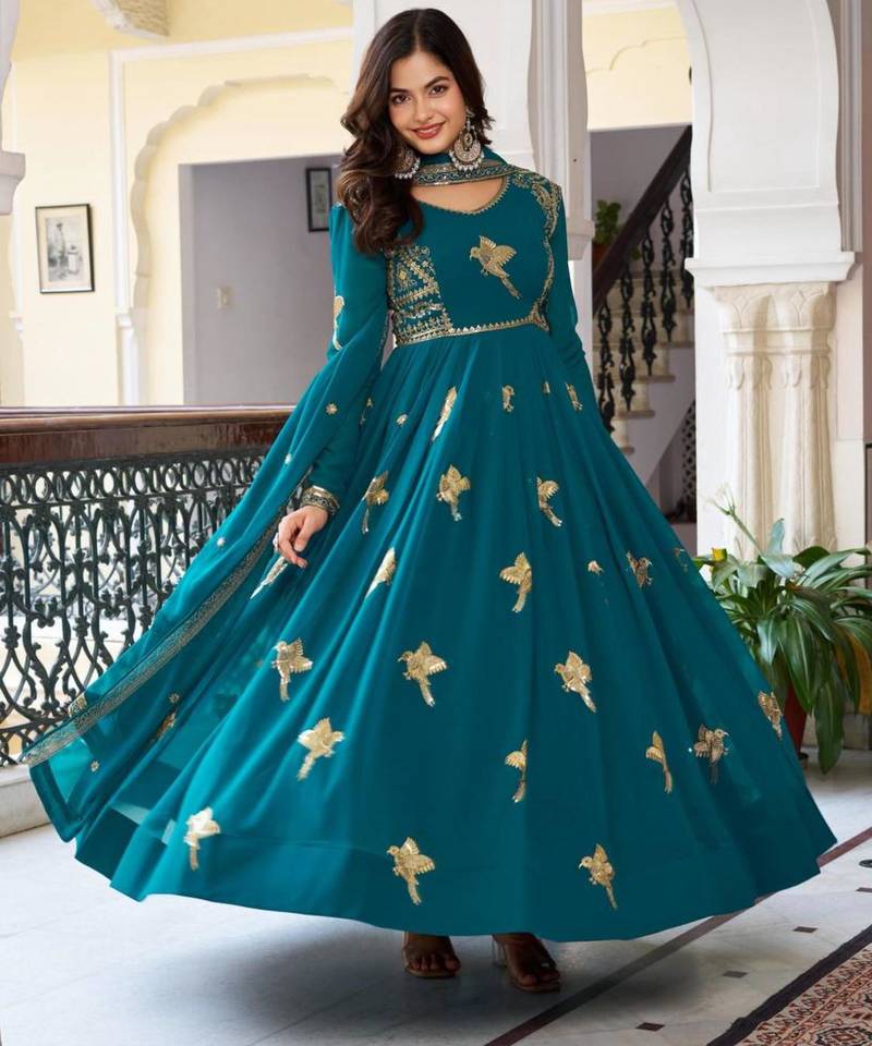 Teal-blue georgette embroidered kurta-sets