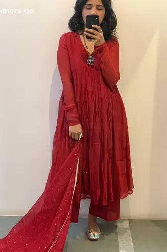Red silk blend plain kurta-sets
