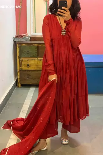 red silk blend plain kurta set