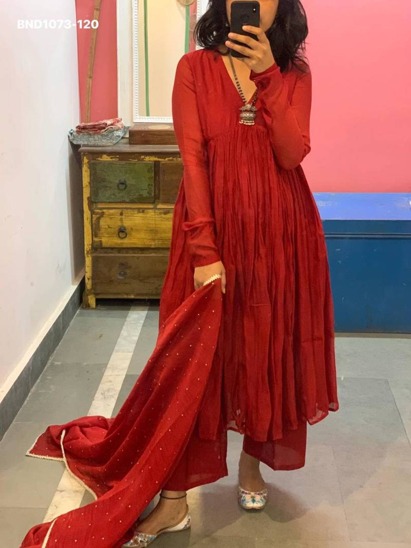 Red silk blend plain kurta-sets
