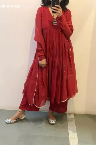 red silk blend plain kurta set