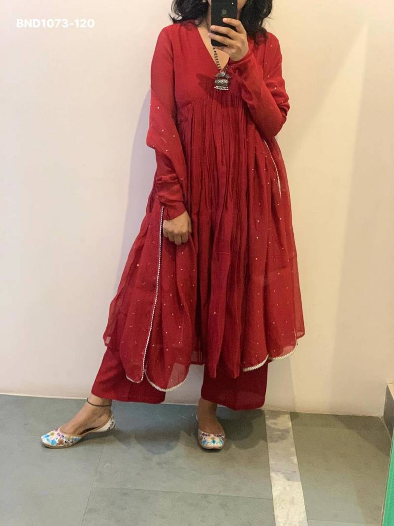 Red silk blend plain kurta-sets