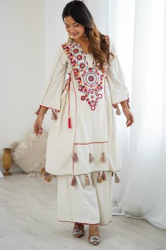 White pure cotton embroidered kurta-sets