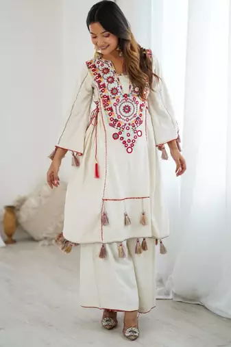 White pure cotton embroidered kurta-sets
