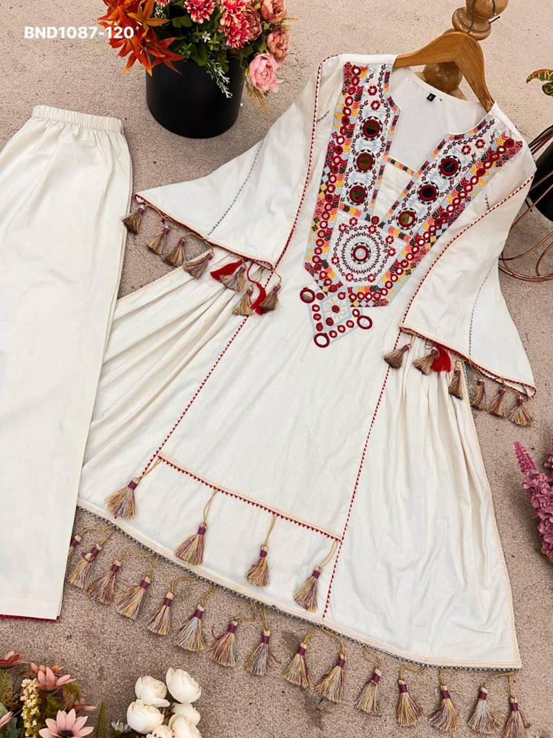 White pure cotton embroidered kurta-sets
