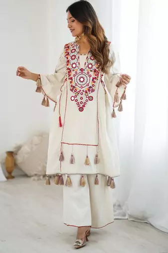 white pure cotton embroidered kurta set