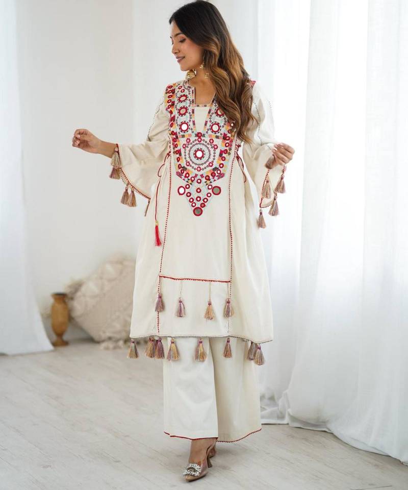 White pure cotton embroidered kurta-sets